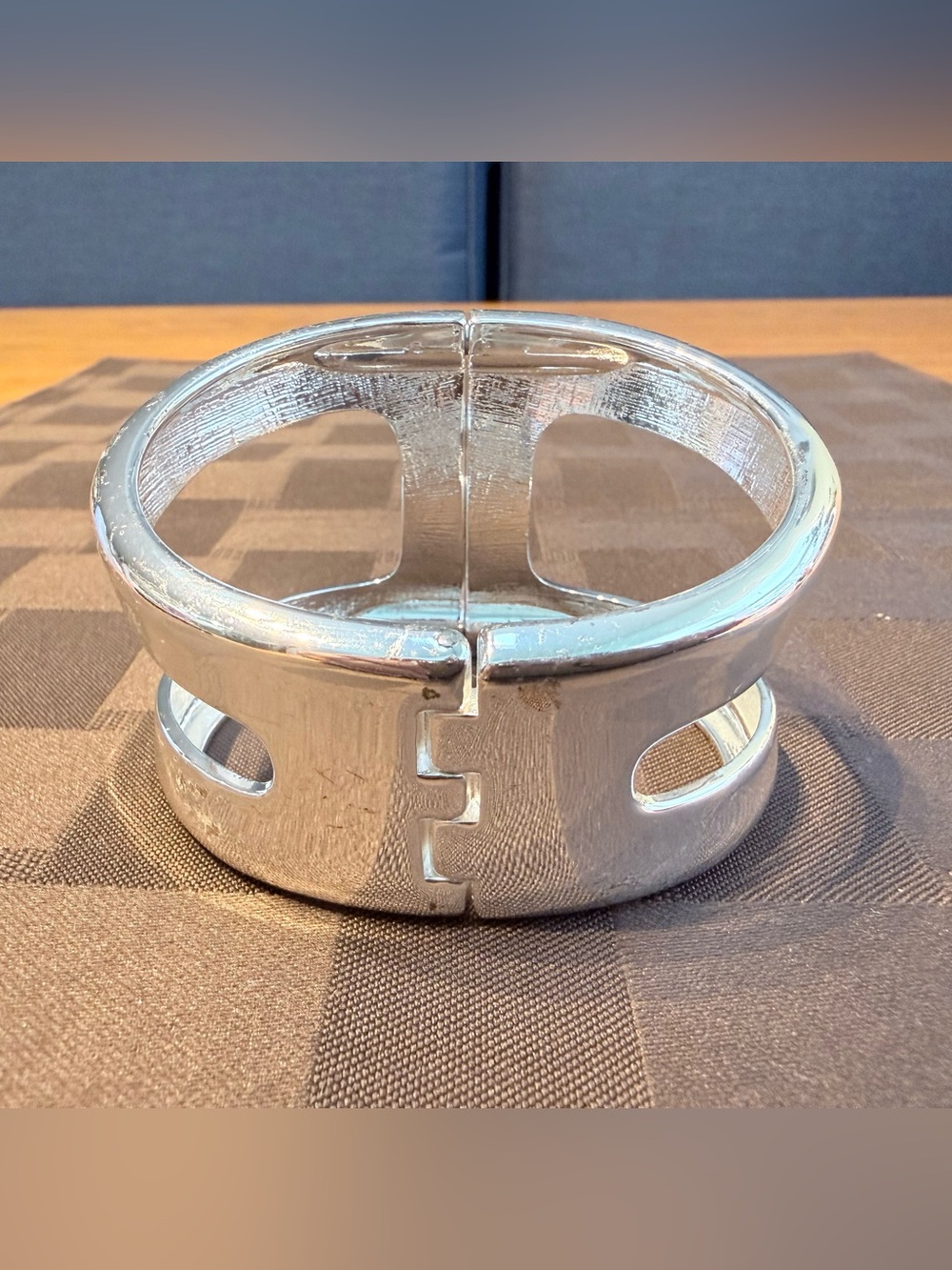 Silver Tone 2" Wide Modernist H Cutout Chunky Hinged
Bangle Bracelet - Picture 4 of 15